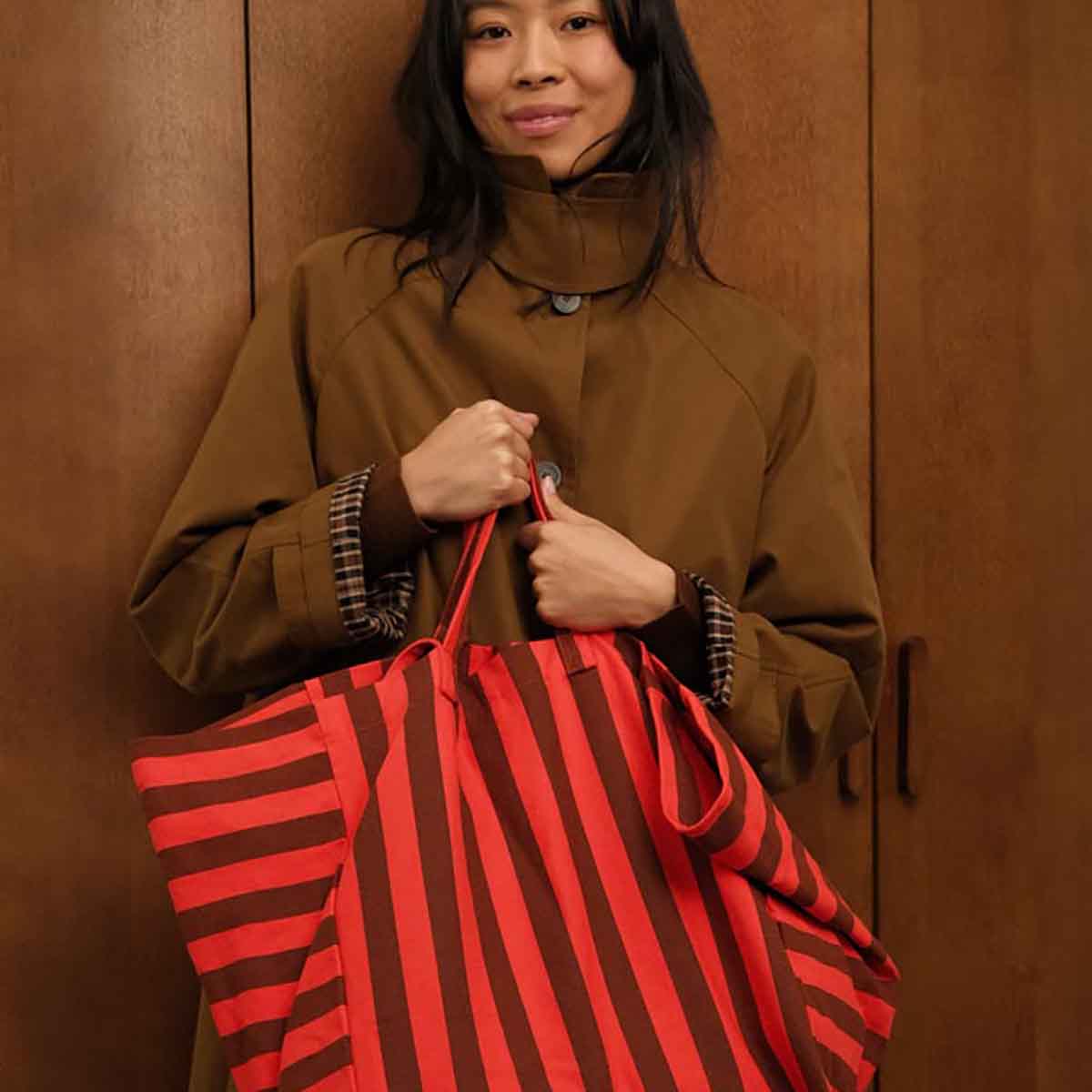 Elisa Tote Bag Stripes- Brown/Tomato