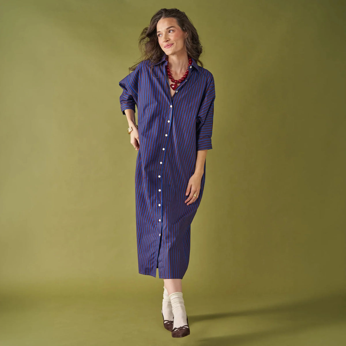 Colette Shirtdress In Blue + Brown Stripe