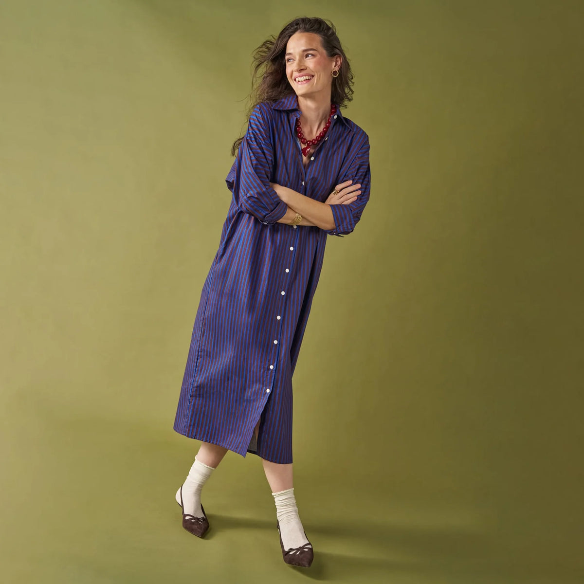 Colette Shirtdress In Blue + Brown Stripe