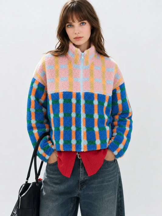 Mixed Plaid Color Block Sherpa Zip-Up Jacket - Blue/Pink