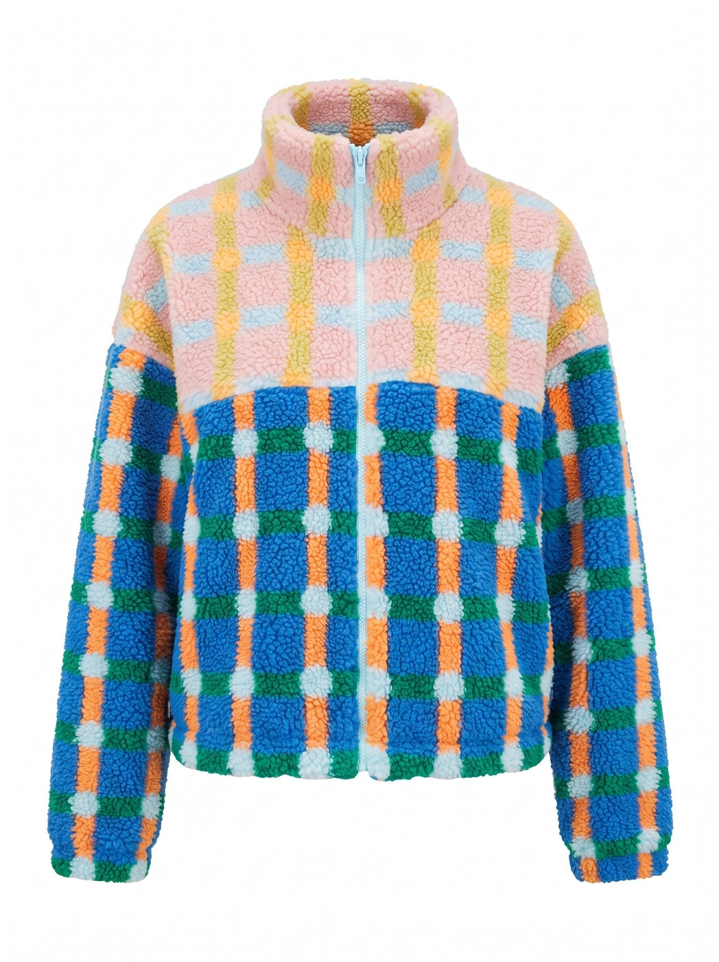 Mixed Plaid Color Block Sherpa Zip-Up Jacket - Blue/Pink