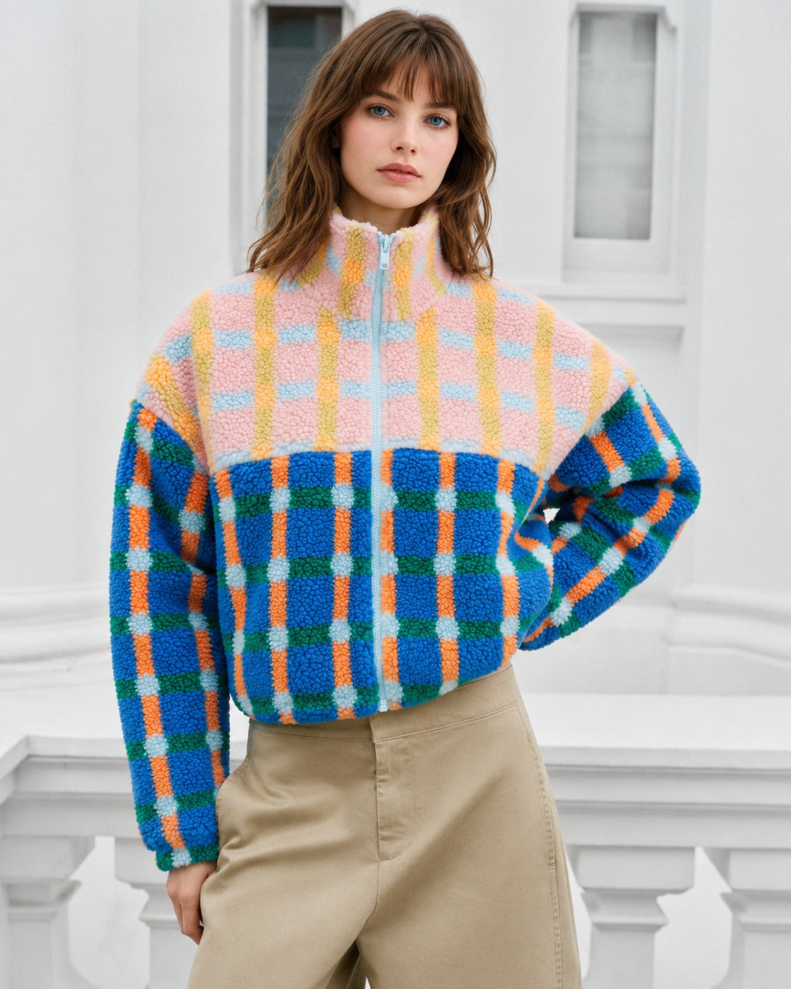 Mixed Plaid Color Block Sherpa Zip-Up Jacket - Blue/Pink