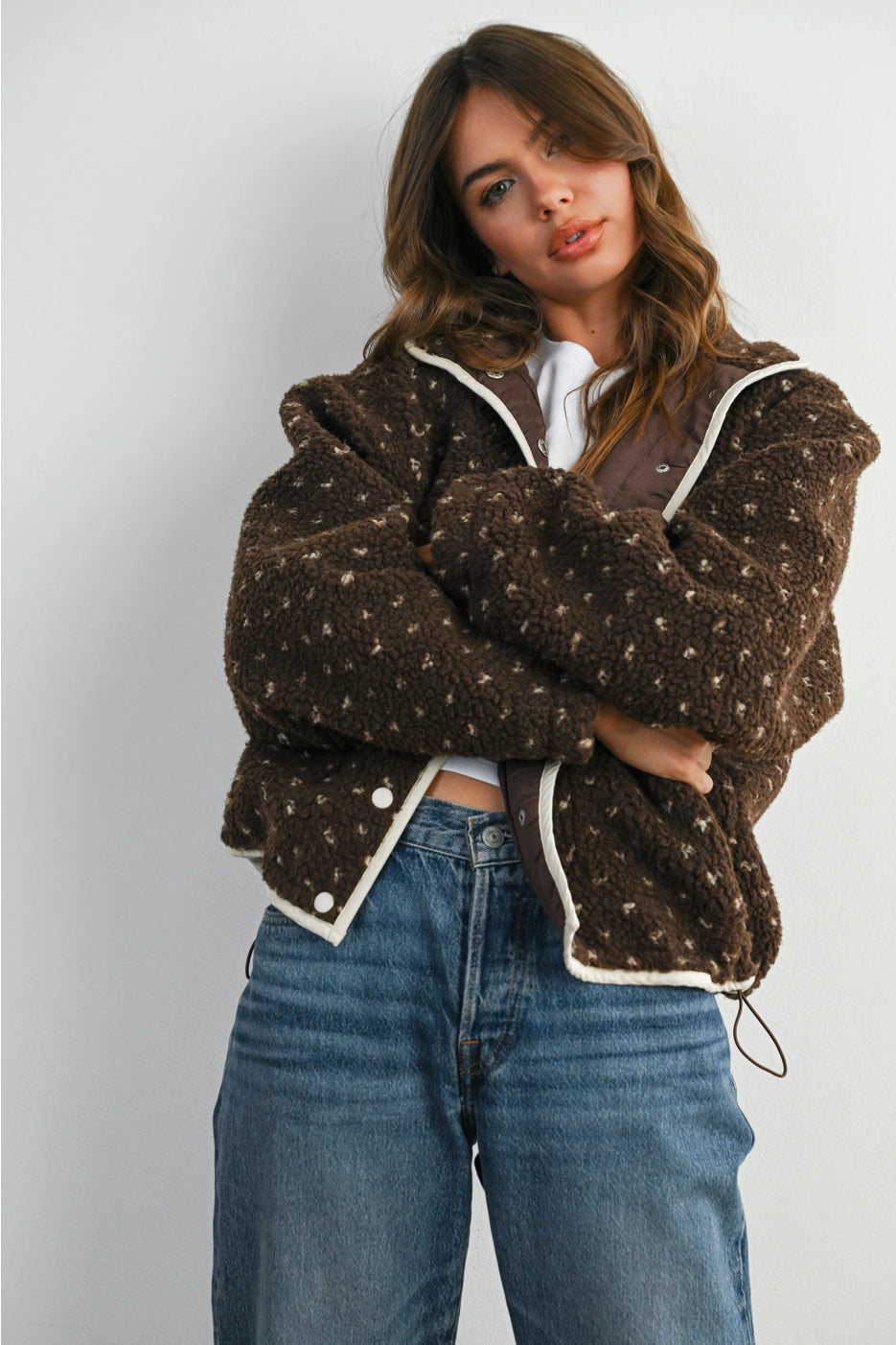High Pile Fleece Puffer Jacket - Brown/Taupe