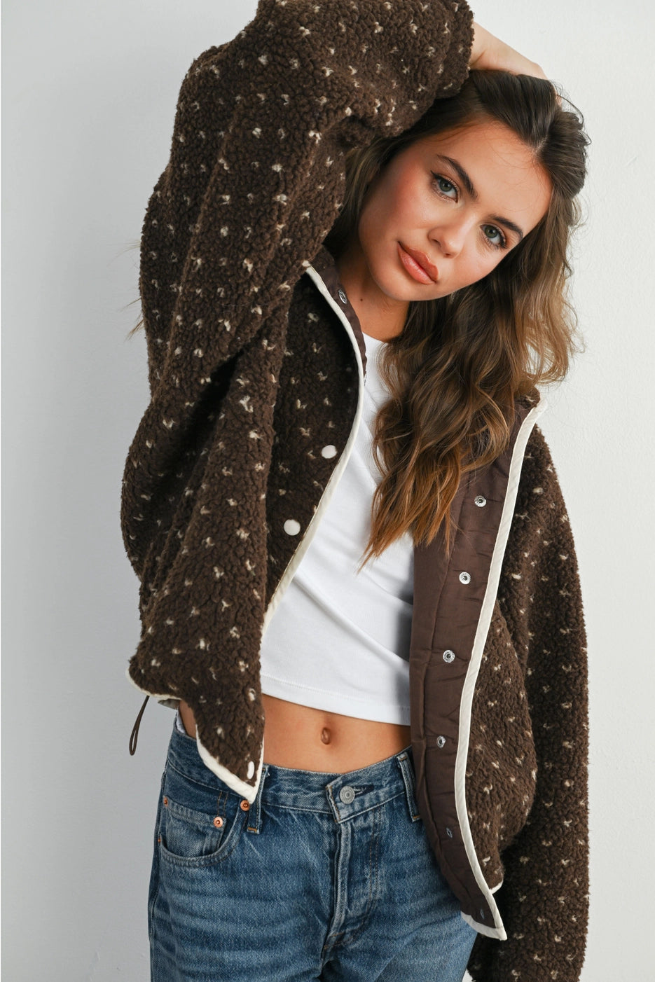 High Pile Fleece Puffer Jacket - Brown/Taupe