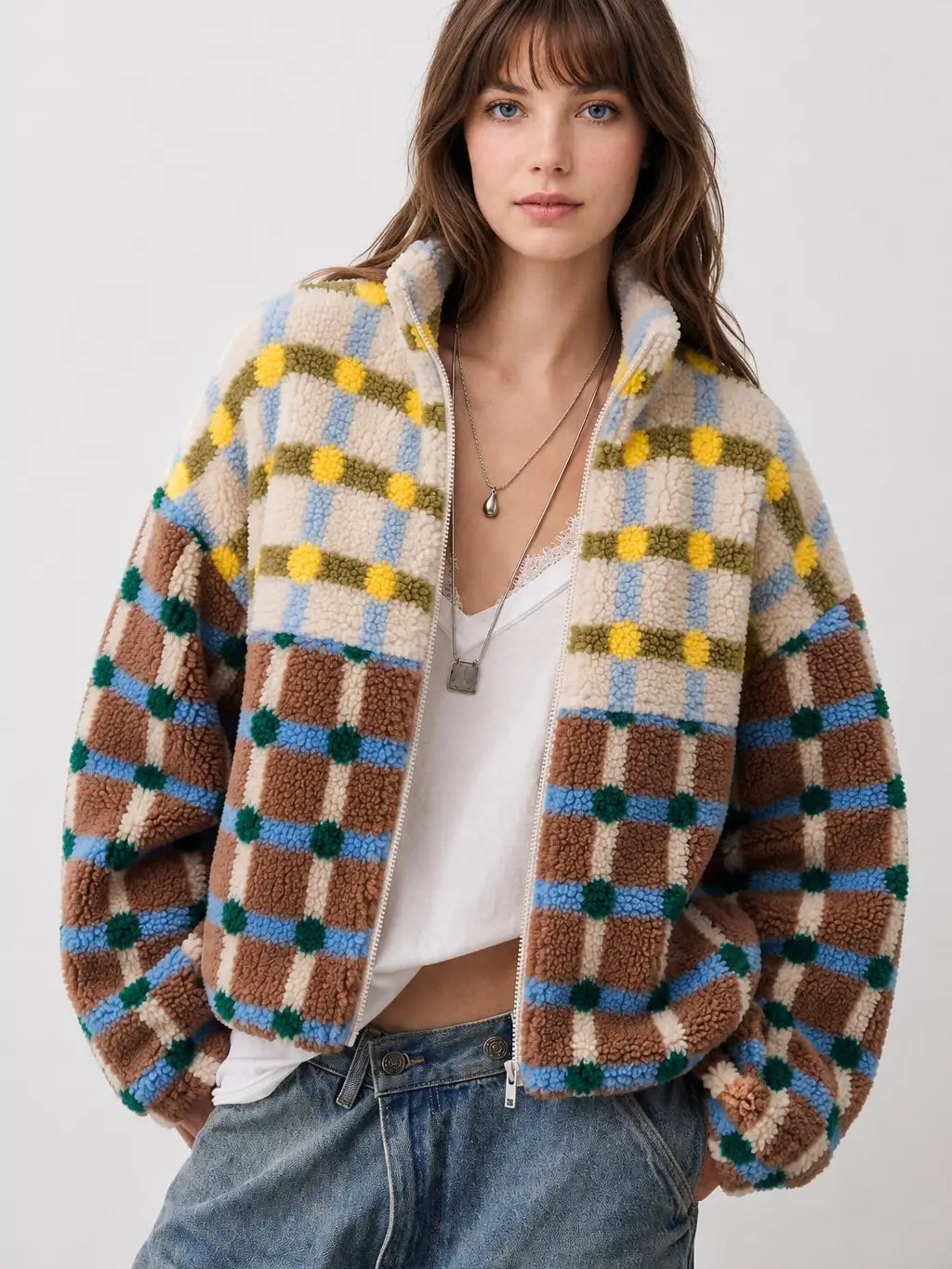 Mixed Plaid Color Block Sherpa Zip-Up Jacket - Brown/Cream