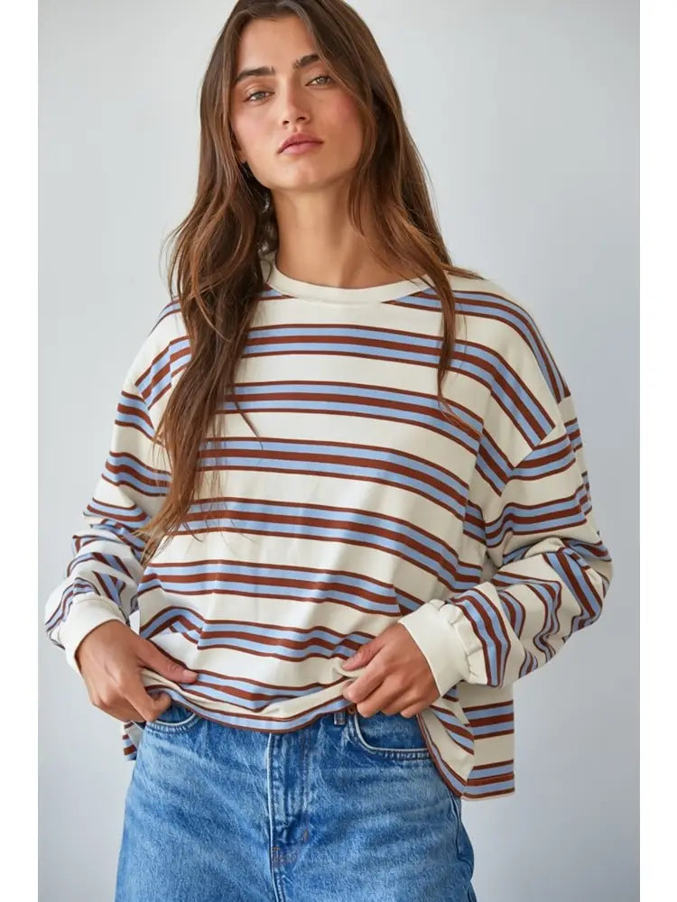Long Sleeve Multicolor Stripe Crew Neck