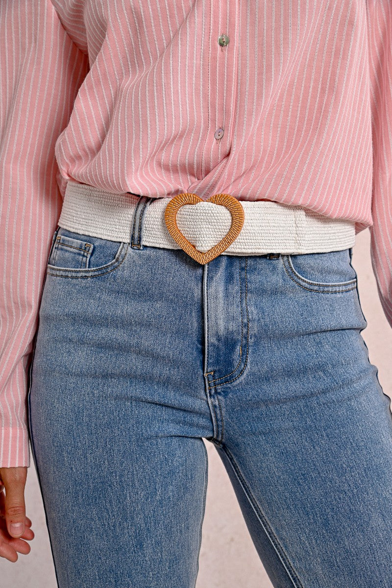 Heart Buckle Wide Braided Belt - White